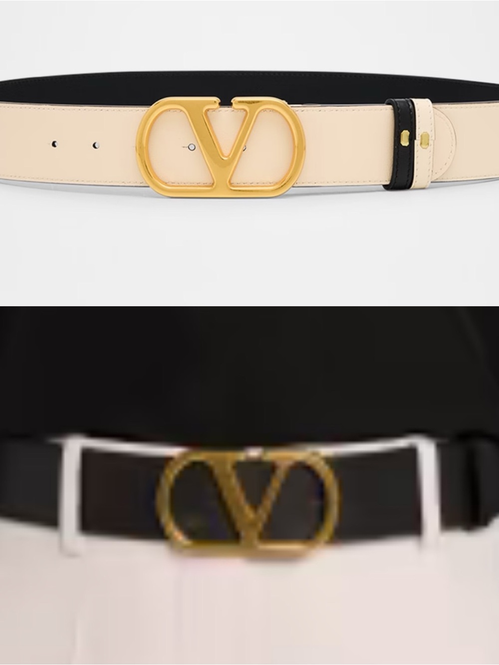 Valentino Garavani ivory/black reversible leather Belt with Gold V Logo buckle